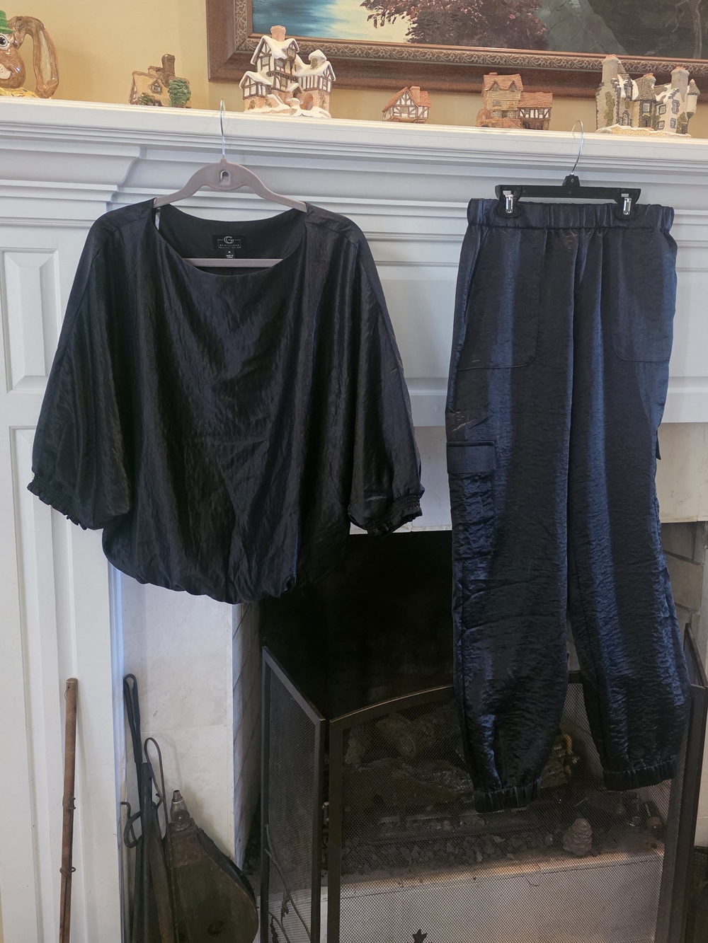 G by Giuliana Black Satin-Feel Track Pants & Relaxed Top Set